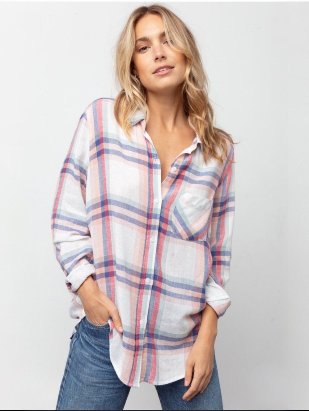 Rails Charli Plaid Button Up Shirt Linen Blend White Melon Sage Women's Small